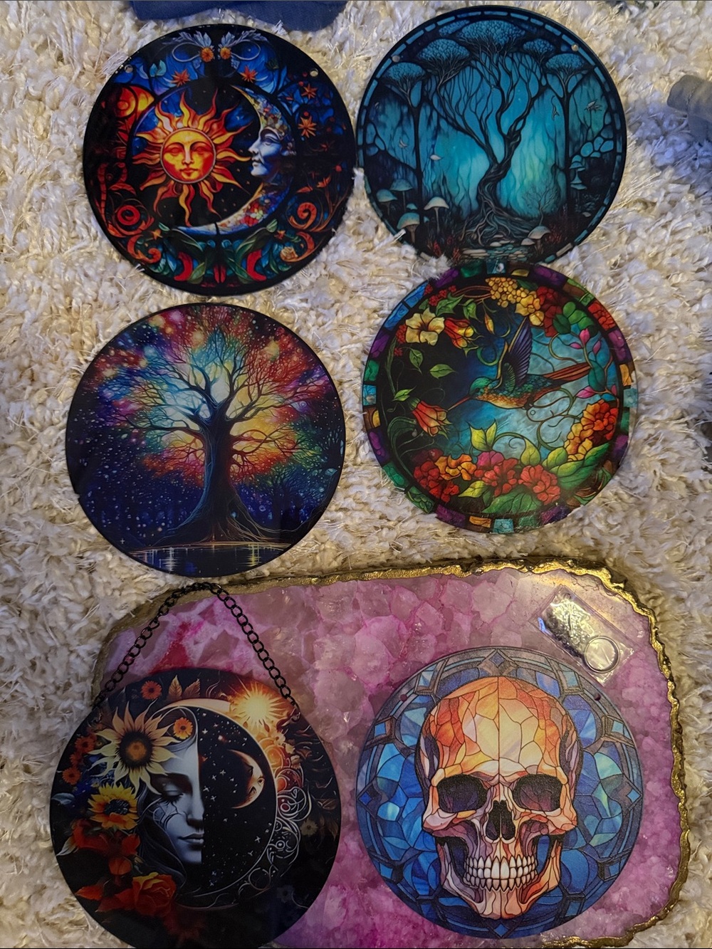 ‘Imitation Stained Glass’ Window Hangings Lot- Skull Moon Tree Sun Bird 🌞